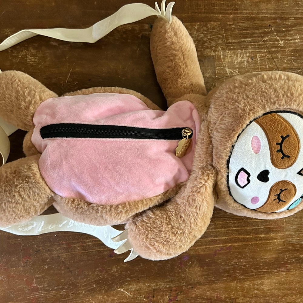 Betsey Johnson Pink and Brown Plush Sloth Shoulder Bag
